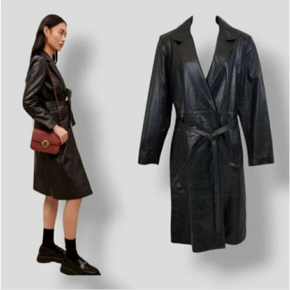 NEW Vintage 90's Express 100% Genuine Leather Belted Trench Coat Size Medium - Picture 13 of 13